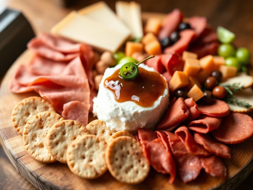 Individual charcuterie board with meats, cheeses, fruit and jalapeño jelly